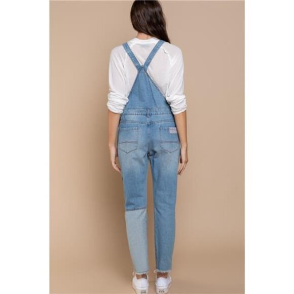 * NWT * POL Slim Leg Denim Overalls, Patchwork Look, Raw Hem, 100% Cotton - Picture 3 of 4